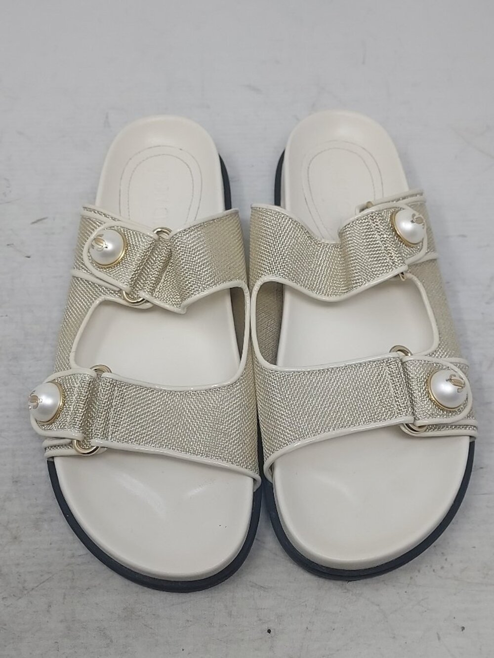 Jimmy Choo White Pearl Fayence Metallic Mesh Slide Sandal